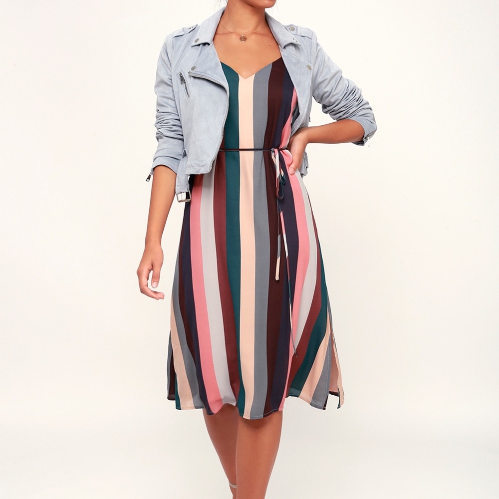 Lulu’s Erina Mauve Multi Stripe Belted Midi Slip Dress